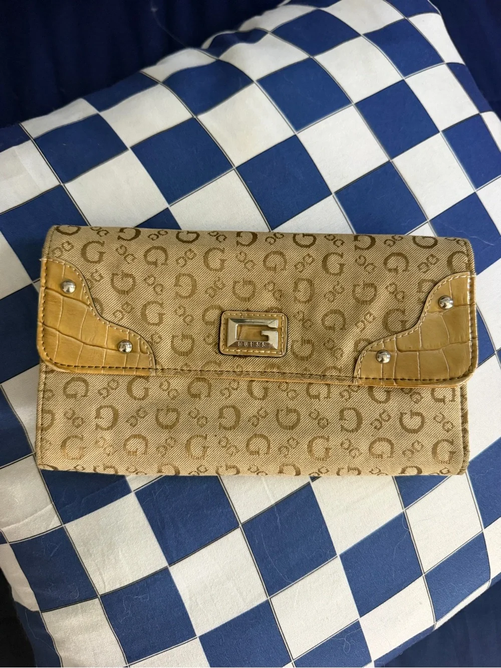 Guess Tan and Camel Logo Clutch with Croc-Trim